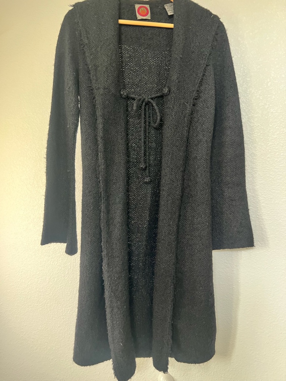 Alpaca/Silk Black Shawl-Collar Tie-Front Women's Sweater Coat w Flare Sleeves